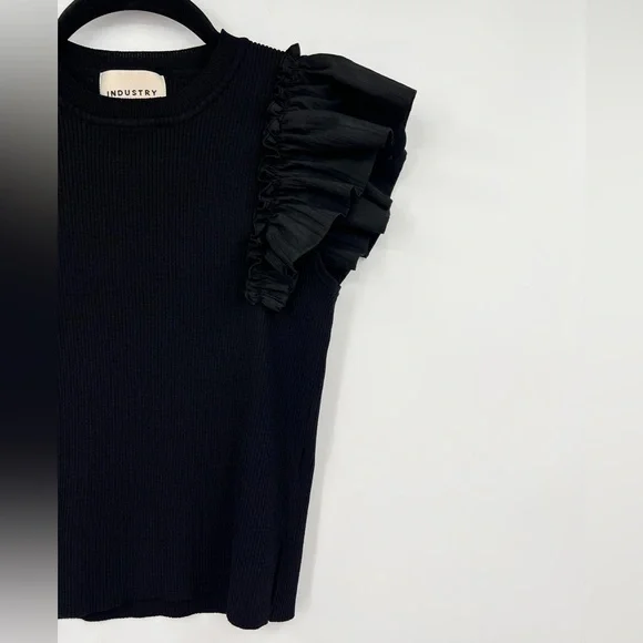 INDUSTRY Republic Clothing Ruffle Sleeve Top Crew Neck Solid Black Size Medium - Picture 4 of 10